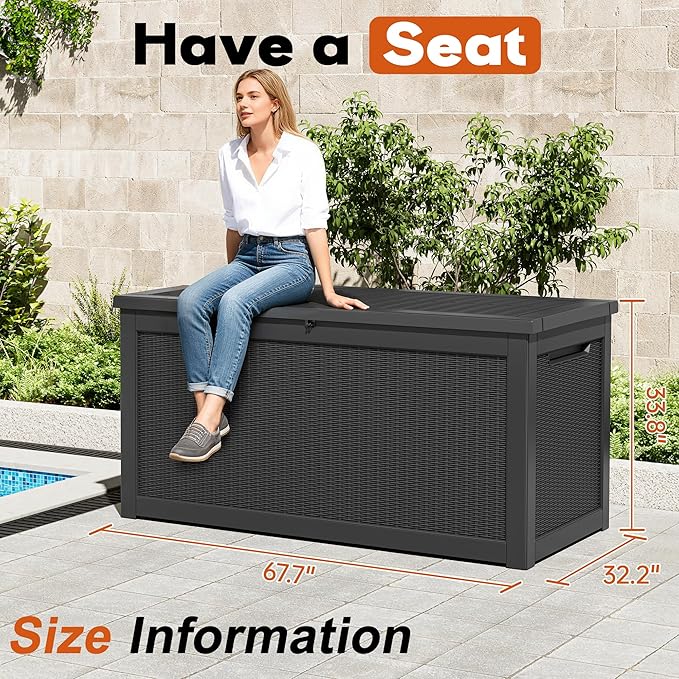Outdoor Storage Box, Resin Deck Boxes Indoor and outdoor, Waterproof Storage Box Lockable Lid (Black,320 Gallon)