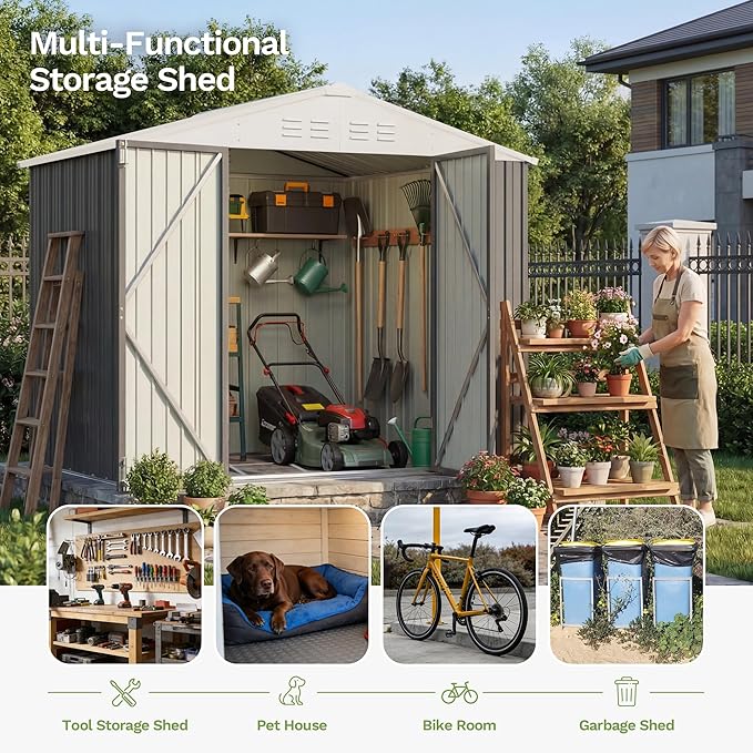 Devoko 8 x 6 FT Metal Storage Shed with Floor Frame Waterproof Garden Tool Shed with Lockable Door, Outdoor Shed Storage House for Backyard Patio Lawn, Grey