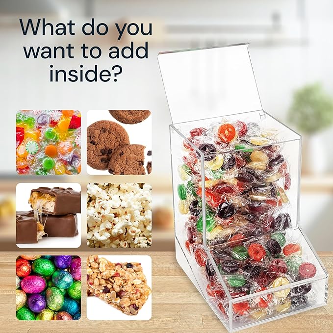 Acrylic Candy Dish & Treat Organizer Dispenser - Rectangular Non-Porous Acrylic - Dual Lids for Fresh Bulk Treats & Cereal Countertop Display