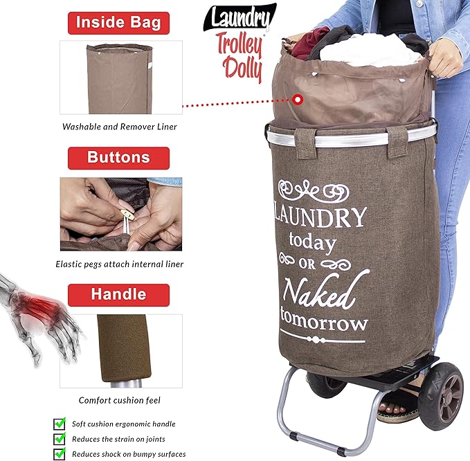 dbest products Laundry Trolley Dolly, Brown Laundry Bag Hamper Basket cart with wheels sorter