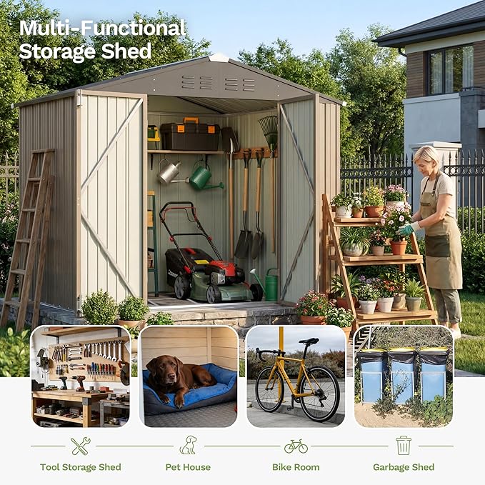 Devoko 8 x 6 FT Metal Storage Shed with Floor Frame Waterproof Garden Tool Shed with Lockable Door, Outdoor Shed Storage House for Backyard Patio Lawn, Brown