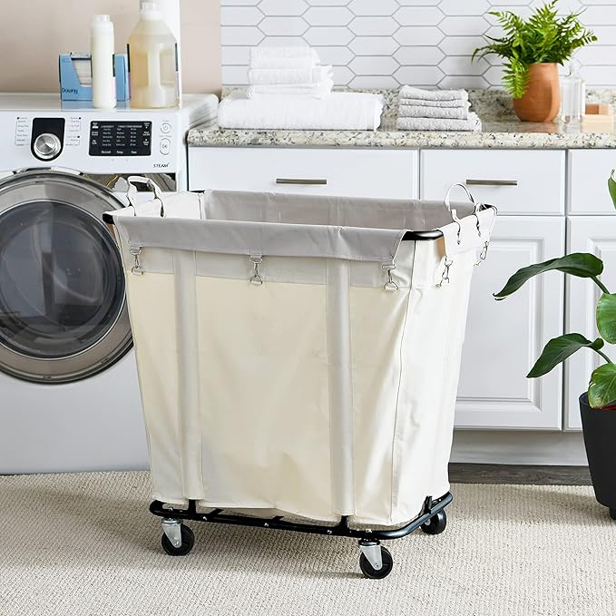 Household Essentials Commercial Laundry Cart with Rolling Caster Wheels, Natural Canvas Liner with Black Steel Frame