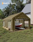 Garvee 10x20 ft Portable Garage, Car Port with 200 g PE Tarp Canopy, with 2 Roll-Up Doors and 4 Windows, for Temporary Paint Booth, Boats&Pickups Shed, and Event Shelter, Khaki