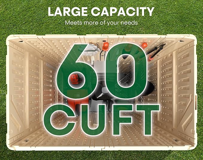 Vertical Outdoor Storage Shed, 60 Cu.Ft Resin Storage Cabinet Waterproof with Lockable Floor, All-Weather Tall Backyard Shed for Patio Furniture, Garage, Garden, Porch (Khaki)
