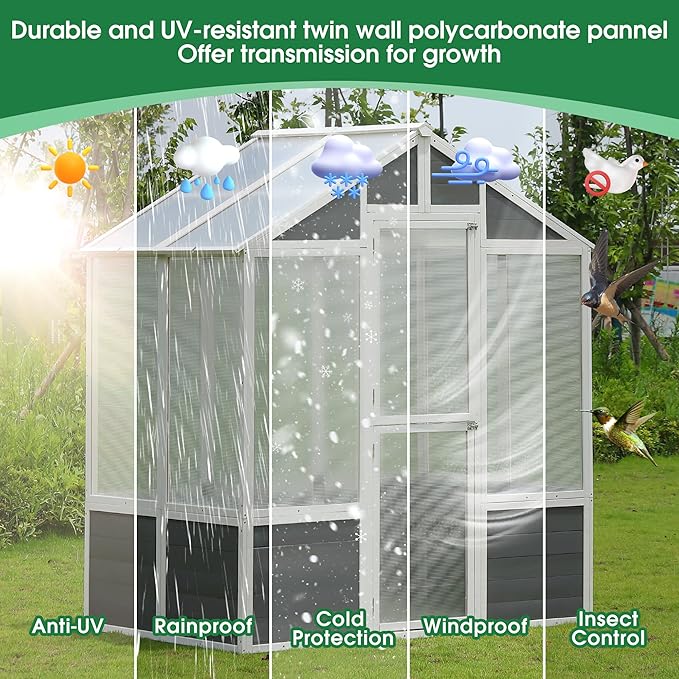 Polycarbonate Greenhouse,Outdoor Wooden Green House, Walk-in Hobby Garden Shed with Front Entry Door,for Patio Backyard Lawn,Plants, White