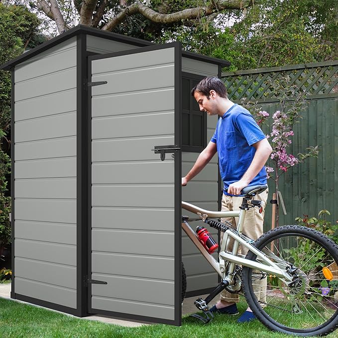 DWVO 5x3ft Resin Outdoor Storage Shed with Floor, Waterproof Lockable Storage Shed with Window, Plastic Outside Tool Storage for Garden, Backyard Patio