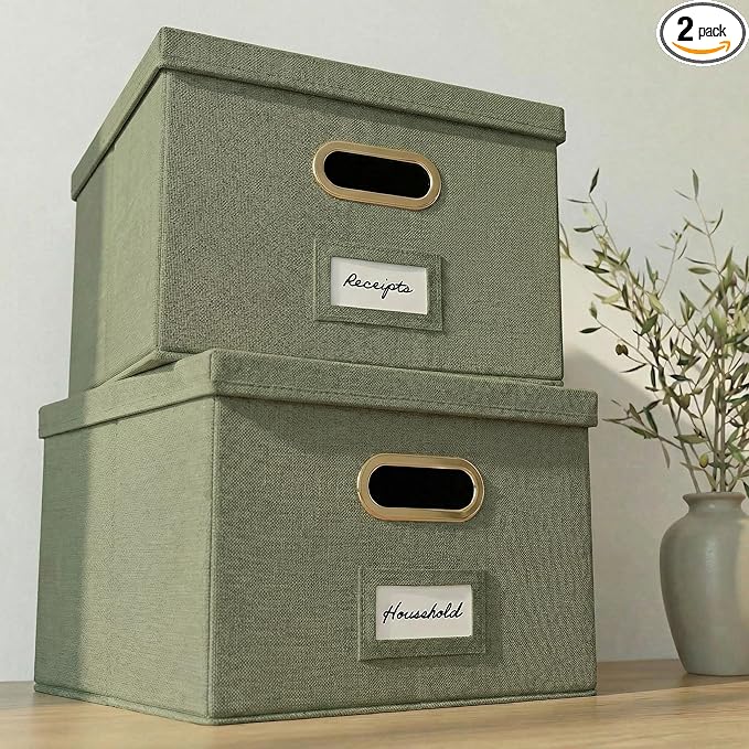ZICOTO Decorative File Organizer Box Set of 2 - Collapsible Linen Filing Cabinets w/Handles Are Perfect to Store all Your Documents & Hanging File Folders - Portable Easy Slide Crates with Lid