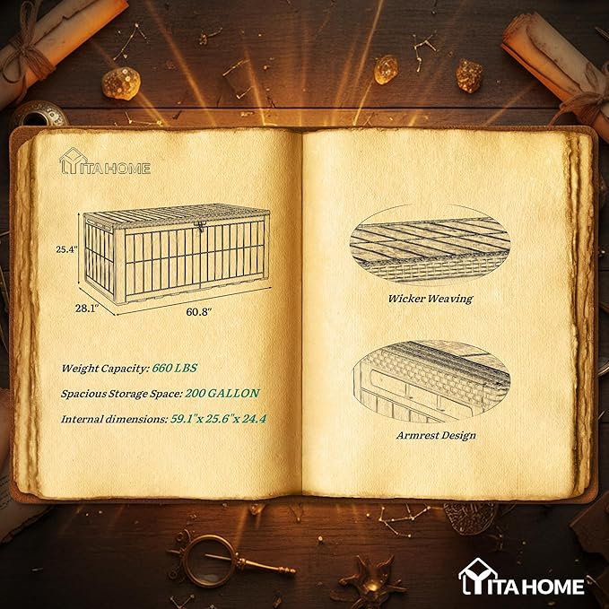 YITAHOME XL 200 Gallon Large Deck Box, Waterproof Resin Outdoor Storage Box with Lock and 3-Person Bench Seating for Patio Furniture Cushions,Garden Tools & Pool Accessories, Light Brown