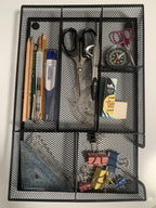 Desk Drawer Organizer tray, Mesh Drawer Organizer Tray for Office, School or Home Supplies Desktop Storage Stationery,bathroom,kitchen, 6 Compartments, 12.6 x 8.27 x 1.57 inch, Black