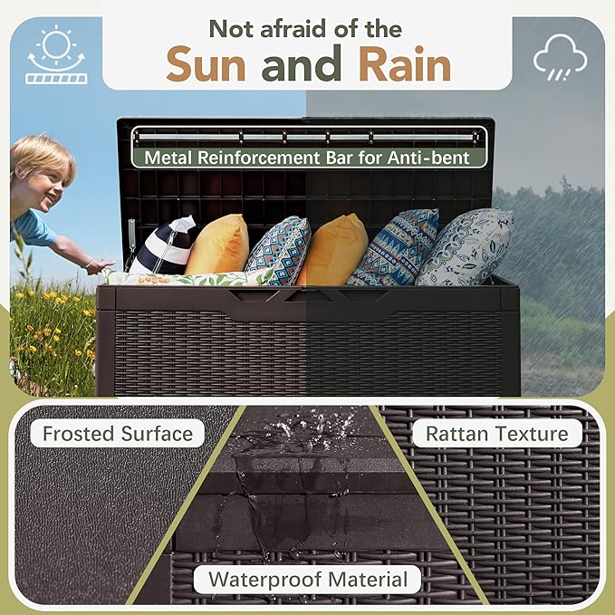 Flamaker Deck Box with Cushion 98 Gallon Waterproof Resin Storage Box with Air Rod Indoor Outdoor Lockable Storage Bench for Patio Furniture, Tools, Pool Accessories (Deep Brown)