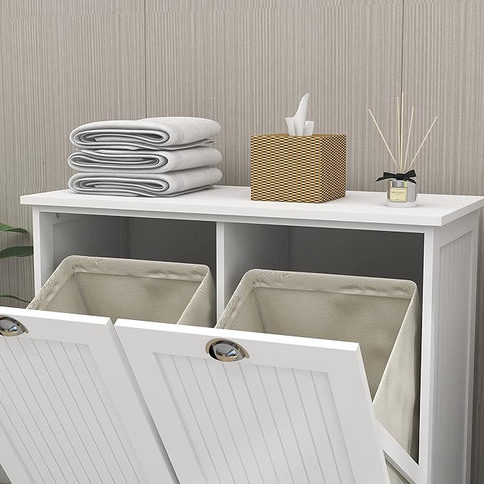 Two-Compartment Tilt-Out Laundry Sorter Cabinet White, with Removable Cloth Bags Fashionable Design Finish Durable Organizer Durable Material Three Painting processes, for Laundry Rooms