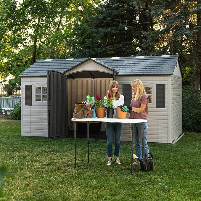 Lifetime Outdoor Storage Shed, 15x8 Ft, Desert Sand, Resin Backyard Tool Shed with Lockable Doors and UV-Protected Panels