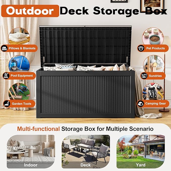 Outdoor Storage Box, Resin Deck Boxes Indoor and outdoor, Waterproof Storage Box Lockable Lid (Black,320 Gallon)