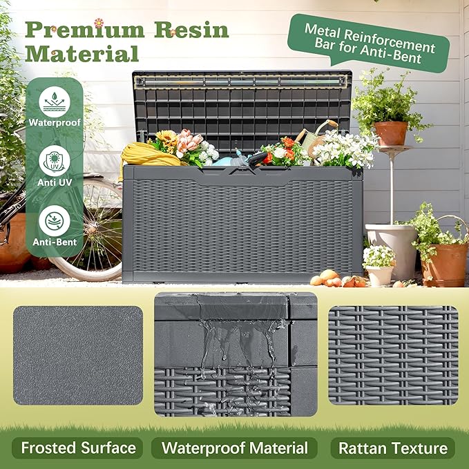 Flamaker Outdoor Storage Box 100 Gallon Waterproof Resin Deck Box Delivery Box with Air Rod Indoor Outdoor Lockable Storage Bench for Patio Cushions, Tools, Pool Accessories (Gray)