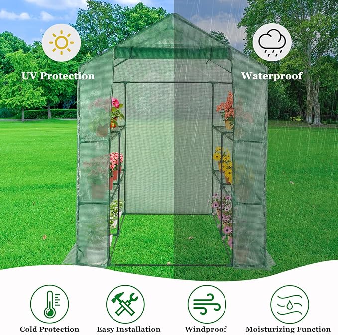 Walk-in Greenhouse with Iron Pipe Steeple, 77H x 56W x 56D inches, Greenhouse for Outdoors with Screen Windows, Green PE Cover, Roll-up Zipper Door, Portable Green House with Shelf Clips