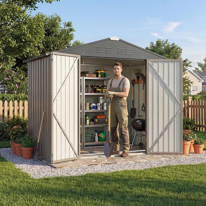 Devoko 6 x 4 FT Metal Storage Shed with Floor Frame Waterproof Garden Tool Shed with Lockable Door, Outdoor Shed Storage House for Backyard Patio Lawn, Brown