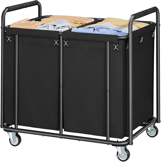 Tajsoon 450L Large Rolling Laundry Hamper with Wheels, 2-Section Commercial Laundry Sorter with Handle, Laundry Basket for Clothes Storage, Laundry Cart for Hotel, Bathroom, Bedroom, Black