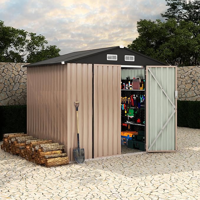 6x8 ft Metal Storage Shed, Outdoor Garden Tool Shed with Lockable Doors & Sloped Roof, Rustproof Galvanized Steel Shed for Backyard, Patio, Lawn Brown