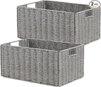 Vagusicc Wicker Storage Basket, Set of 2 Hand-Woven Paper Rope Wicker Basket, Small Storage Baskets for Organizing Toilet Paper, Foldable Large Cube Storage Organizer Bins for Shelves (Grey)