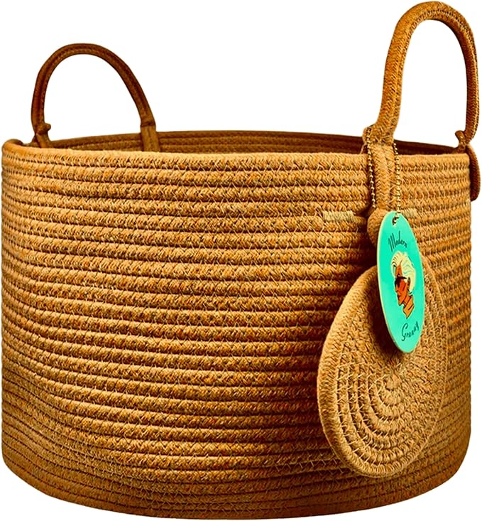 Modern Granny Small Cotton Rope Laundry Basket 16x10 Inch Dual Secure Woven Handle for Living Room Closet Clothes Blanket Organization