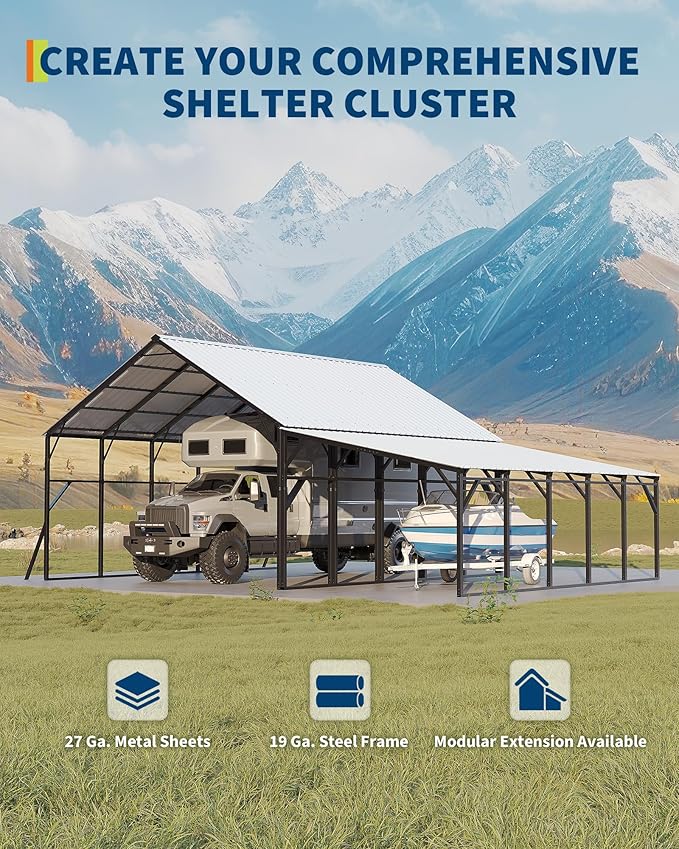 Garvee 12x25 ft Lean-to Metal Carport, Vertical Roof Wall-Mounted Car Port for Snow Shedding, Heavy-Duty 19-Ga. Steel Frame, 107" to 78" Height for Long-Bed Pickup & SUV