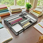 Desk Drawer Organizer Metal Mesh Drawer Organizer Tray for Office School or Home Supplies Desktop Storage Stationery，6 Compartments, 12.6 x 8.27 x 1.57 inch，Black (1pc pack)