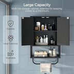 Bathroom Wall Cabinet with 2 Door and Adjustable Shelf, Farmhouse Medicine Cabinet with Towel Rack, 3-Tier Wall Mounted Storage Cabinet Over The Toilet for Bathroom Laundry Room, Black