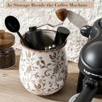 Utensil Holder for Kitchen Counter, Modern Farmhouse Cooking Utensil Holder and Crock Home Kitchen Decor, Ceramic Utensil Organizer for Spatula, Ladle, Eggbeater, Rolling Pin- Brown Flower Patterns