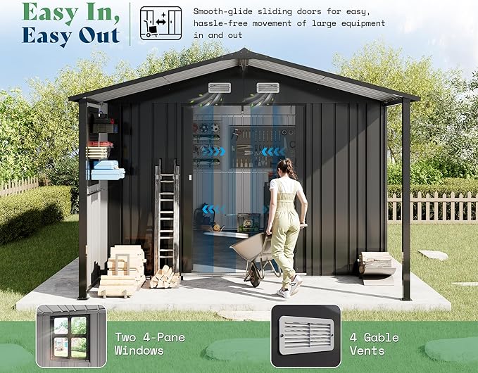 AMERLIFE 10x16.6x7.3 FT Outdoor Storage Shed with Lounge Area, Metal Shed with Sliding Doors, 2 4-Pane Windows & 4 Vents, Heavy-Duty Weather-Resistant Steel for Backyard & Garden, Dark Gray