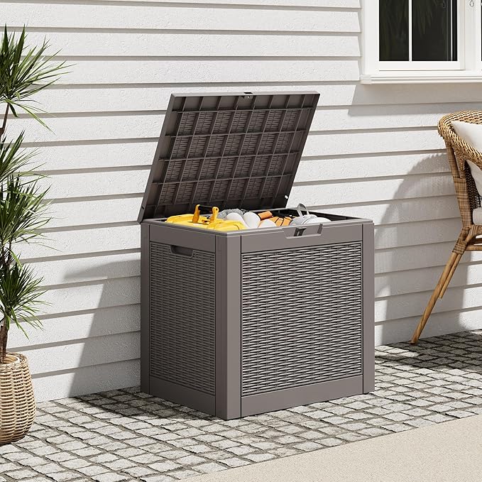 Outdoor Storage Box, Resin Deck Boxes Indoor and outdoor, Waterproof Storage Box Lockable Lid (Grey,32 Gallon)