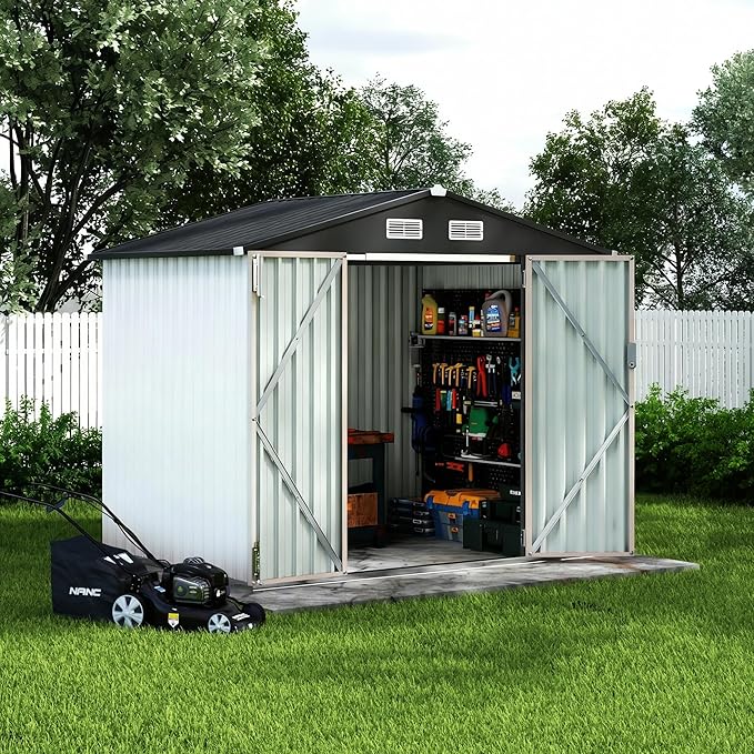 6x8 ft Metal Storage Shed, Outdoor Garden Tool Shed with Lockable Doors & Sloped Roof, Rustproof Galvanized Steel Shed for Backyard, Patio, Lawn White