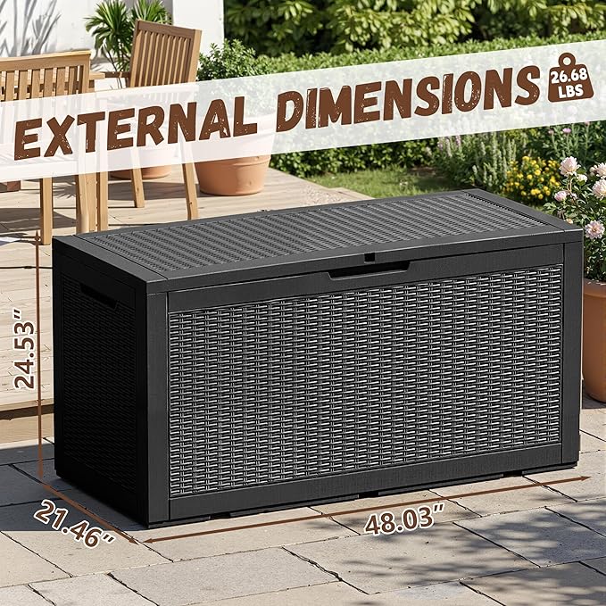 EFU Outdoor Storage Box 100 Gallon Deck Box Resin Outdoor Toy Storage With Lockable Lid, Hydraulic Struts, Rattan Style Package Delivery Boxes for Outside Patio Yard Garden (Black)