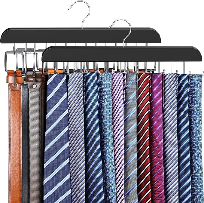 2 Pack Tie Rack & Belt Hanger 2 in 1 Tie Hanger Space Saving Max 42 Belts& 60 Ties Capacity for Closet Organizers and Storage, Sturdy Wood Belt & Tie Collection Organizer