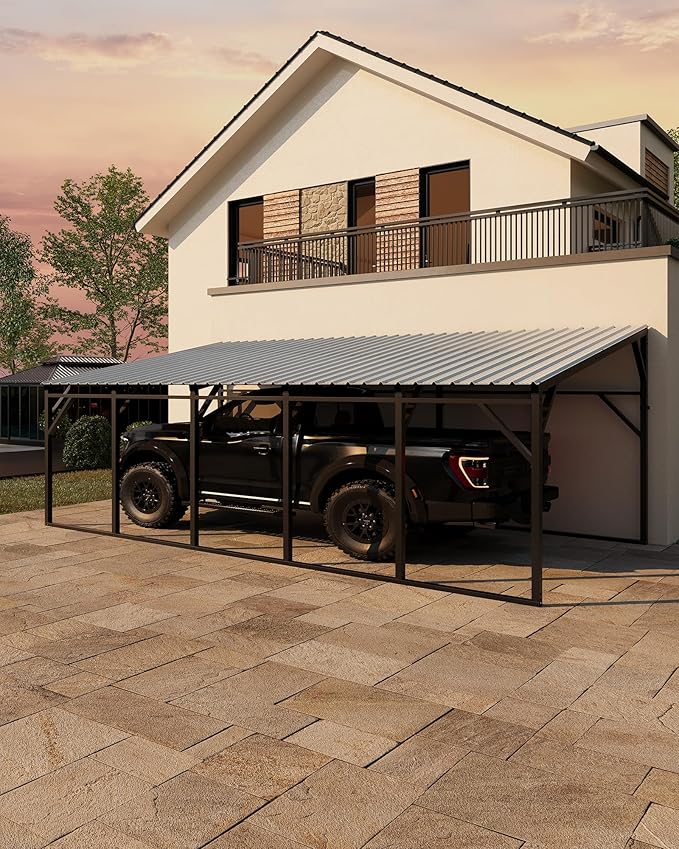 Garvee 12x25 ft Lean-to Metal Carport, Vertical Roof Wall-Mounted Car Port for Snow Shedding, Heavy-Duty 19-Ga. Steel Frame, 107" to 78" Height for Long-Bed Pickup & SUV