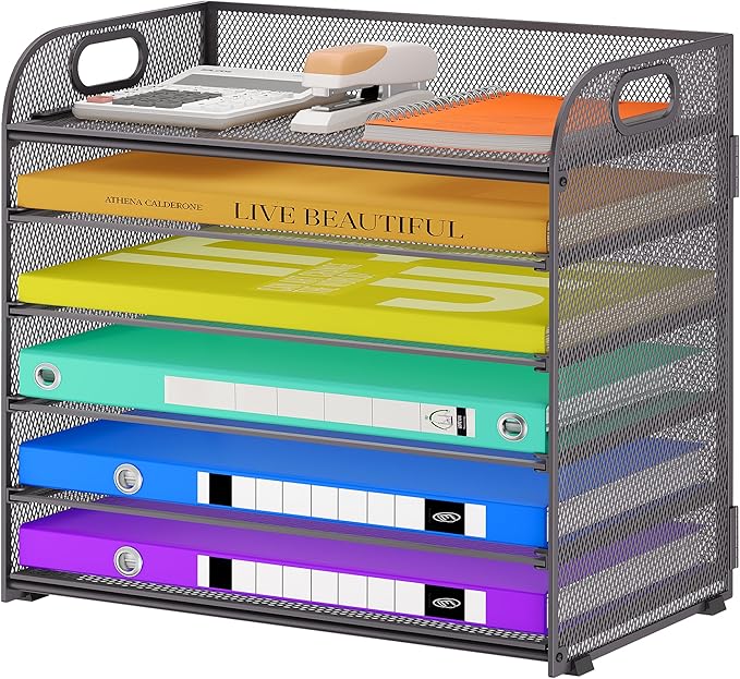 6 Tier Paper Organizer, Grey Letter Tray with Handle, Mesh Desk Organizer, Metal File Organizer, Office Desk Accessories for Home, Office, Classroom, School
