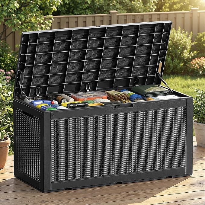 EFU Outdoor Storage Box 100 Gallon Deck Box Resin Outdoor Toy Storage With Lockable Lid, Hydraulic Struts, Rattan Style Package Delivery Boxes for Outside Patio Yard Garden (Black)
