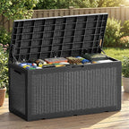 EFU Outdoor Storage Box 100 Gallon Deck Box Resin Outdoor Toy Storage With Lockable Lid, Hydraulic Struts, Rattan Style Package Delivery Boxes for Outside Patio Yard Garden (Black)