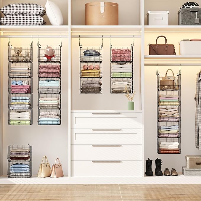 5 Tier Closet Hanging Organizer, Clothes Hanging Shelves with 4 Hanging Hooks 5 S Hooks, Wire Storage Basket Bins, for Clothing Sweaters Shoes Handbags Clutches Accessories Patent Design