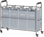 Tajsoon 4 Bag Laundry Sorter Cart, 4 Section Laundry Hamper Sorter with Heavy Duty Lockable Rolling Wheels, Laundry Separator Hamper with Removable Bags for Dirty Clothes Storage, Grey & White