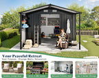 AMERLIFE 10x16.6x7.3 FT Outdoor Storage Shed with Lounge Area, Metal Shed with Sliding Doors, 2 4-Pane Windows & 4 Vents, Heavy-Duty Weather-Resistant Steel for Backyard & Garden, Dark Gray