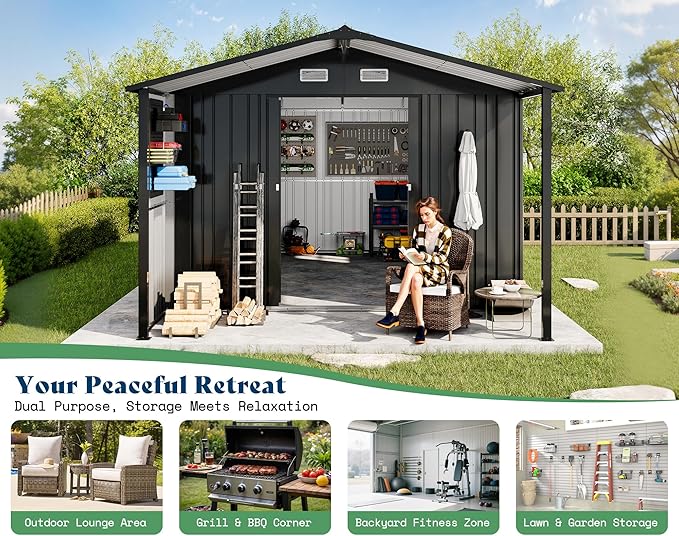 AMERLIFE 10x16.6x7.3 FT Outdoor Storage Shed with Lounge Area, Metal Shed with Sliding Doors, 2 4-Pane Windows & 4 Vents, Heavy-Duty Weather-Resistant Steel for Backyard & Garden, Dark Gray