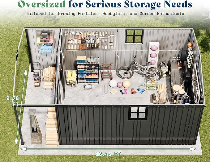 AMERLIFE 10x16.6x7.3 FT Outdoor Storage Shed with Lounge Area, Metal Shed with Sliding Doors, 2 4-Pane Windows & 4 Vents, Heavy-Duty Weather-Resistant Steel for Backyard & Garden, Dark Gray