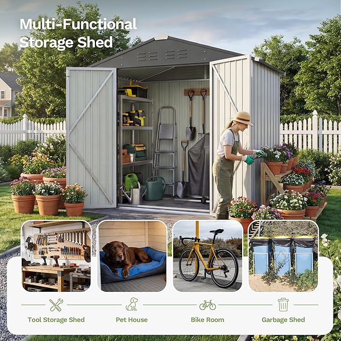 Devoko 6 x 4 FT Metal Storage Shed with Floor Frame Waterproof Garden Tool Shed with Lockable Door, Outdoor Shed Storage House for Backyard Patio Lawn, White