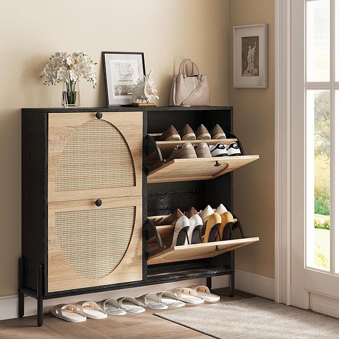 IRONCK Rattan Shoe Cabinet Storage with 4 Flip Drawers, Freestanding Shoe Storage Organizer Cabinet for Entryway, Narrow Shoe Rack Cabinet, Black