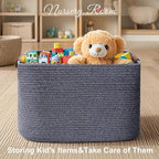 Large Cotton Rope Storage Basket with Leather Handles, Laundry Hamper Baskets, 20 "L x 14" W x 12 "H, Storage Blanket & Toy , Home Decor Basket. (Large Dark Grey)