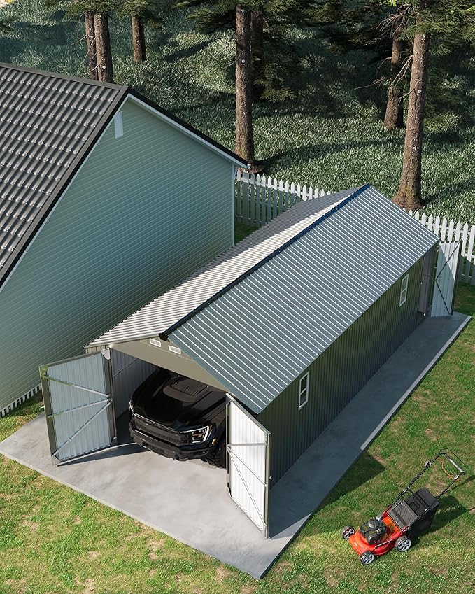 Garvee 12x25 ft Enclosed Metal Car Port, Oversized Carport with Vertical Steel Roof for All-Weather Use, Metal Garage Shed with Man Door for Full-Sized Pickup Trucks & SUV, Gray
