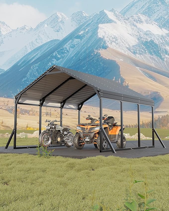 Garvee 12x13x9 ft Metal Carport, Car Port with Reinforced Frame and Steel Roof for All-Weather Use, Permanent Shelter for Cars, Motorcycles, ATVs, or Boats