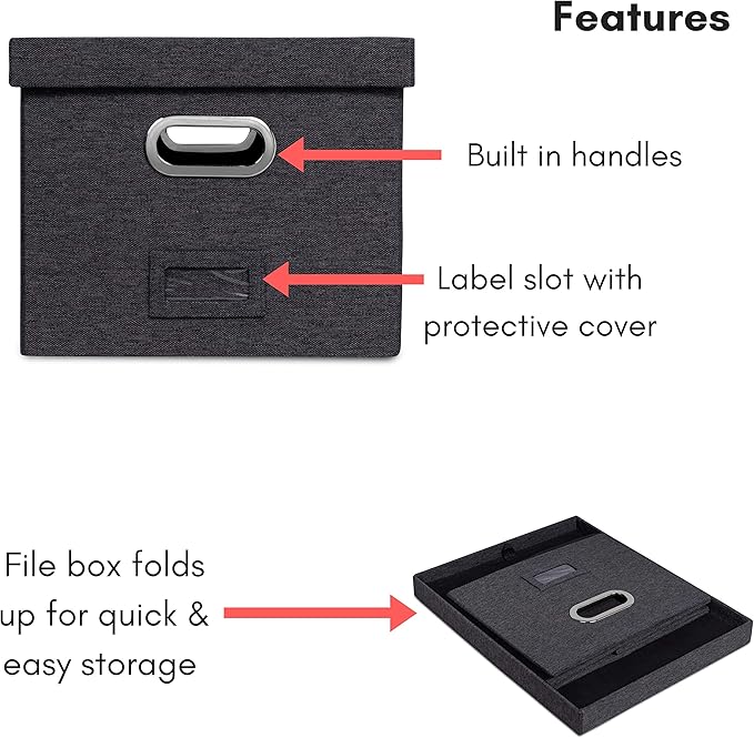 Internet's Best Collapsible File Storage Organizer with Lid - Decorative Linen Filing & Storage Office Box – Hanging Letter/Legal Folder – Home Office Bins Cabinet – Charcoal Container - 2 Pack