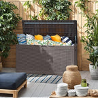 Flamaker Outdoor Storage Box 100 Gallon Waterproof Resin Deck Box Delivery Box with Air Rod Indoor Outdoor Lockable Storage Bench for Patio Cushions, Tools, Pool Accessories (Brown)