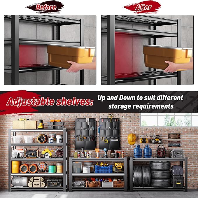 REIBII 5-Tier Storage Shelves,38.2" W Heavy Duty Garage Shelving Load 2500LBS,Metal Shelving Units with Tool Storage Bag, Adjustable Wire Shelving Industrial for Basement,66" H x16 D,Black